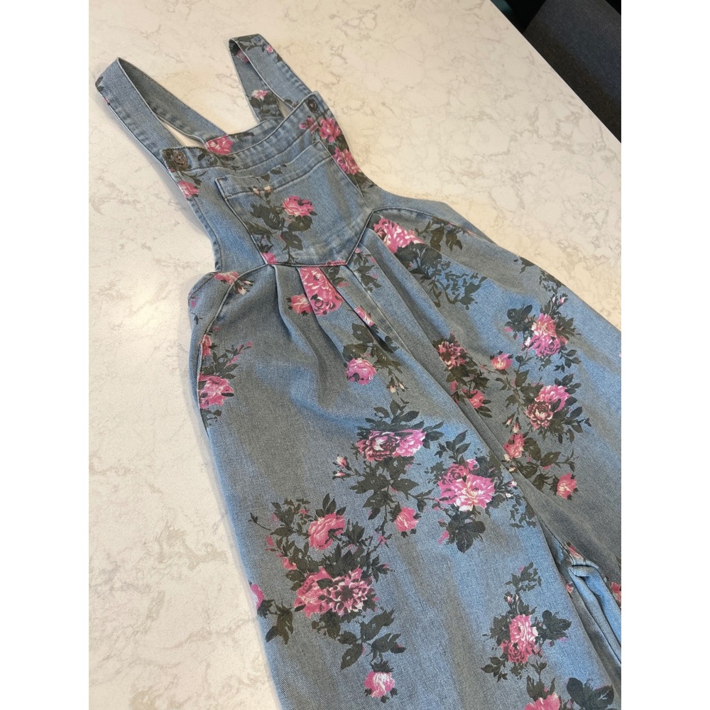 Floral Denim Overalls Wide Leg Pink Rose Print Blue Jean Jumpsuit Womens Medium - Picture 4 of 13